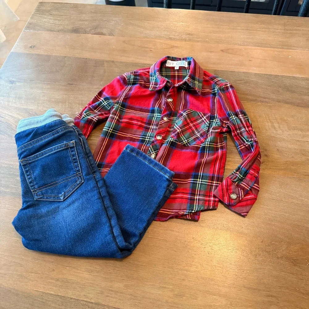 Boys Red Plaid Shirt and Blue Jeans Set - 3T holiday Christmas festive 🎄❄️ - Picture 6 of 6